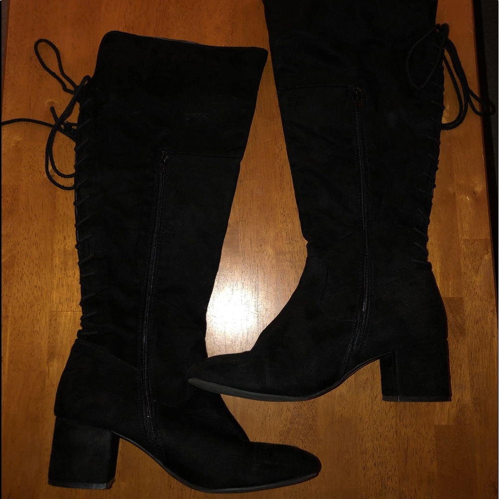 Black Suede Look Boots with Lace Up Back